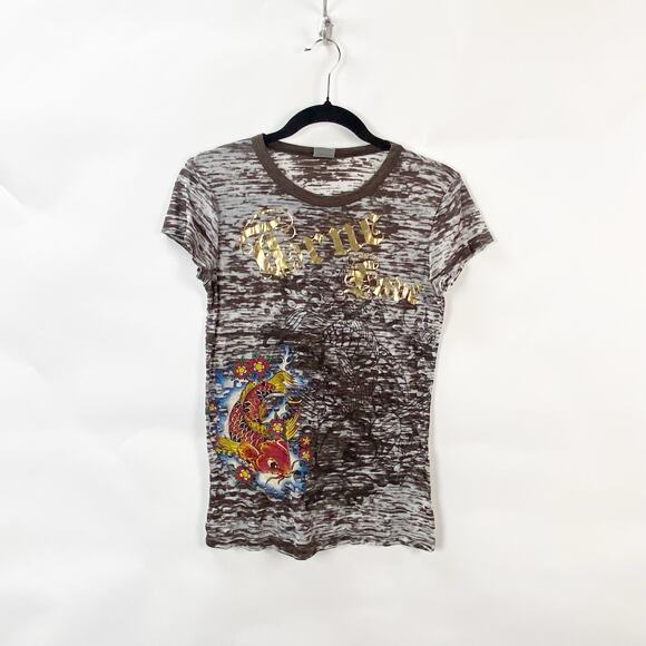 2/$30 Buckle Daytrip Medium Womens Y2K Graphic Koi Fish Burnout Ringer Tee - Picture 1 of 9